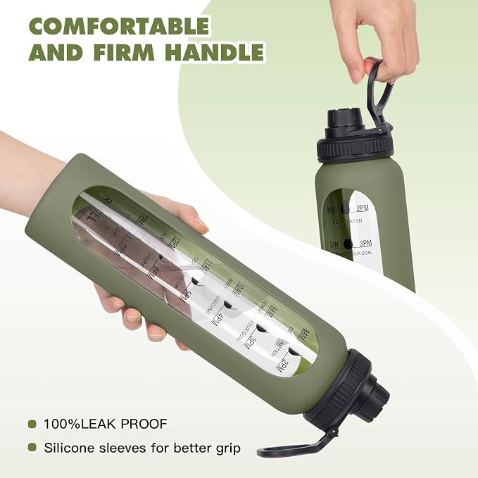 32oz Glass Water Bottle with Time Marker, 2 Lids-Handle Spout Lid & Bamboo Straw Lid, 1 Liter Motivational Borosilicate Water Bottle for Gym, Office, Travel (Green)