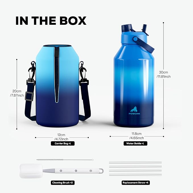 POWCAN 64 oz Insulated Water Bottle with 2-in-1 Straw and Spout Lid, Leakproof, Carrier Bag, Cleaning Brush, BPA-Free, Metal Water Bottle with Handle for Outdoors, Sport, Gym and Hiking (Shoreline)