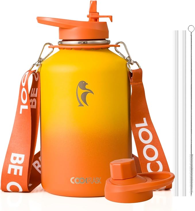 Coolflask Half Gallon Water Bottle Insulated Stainless Steel with Strap | 64 oz Large Water Jug with Straw & Spout Lids,Triple-Wall, Cold 48+h,Dishwasher Safe, Leakproof, BPA-Free,for Gym & Hiking