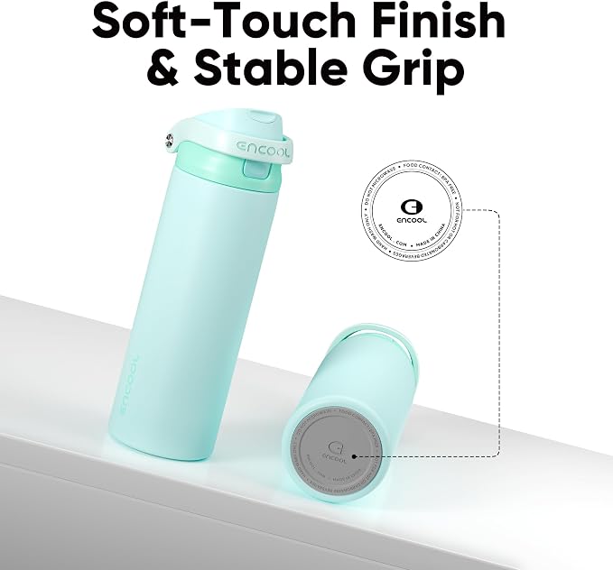 ENCOOL Leakproof Insulated Water Bottle with Straw Dual-Sip Water Bottle Bag-Safe Design for Work, Commute & Gym – Keeps Drinks Cold All Day, 24 oz, Ice Blue