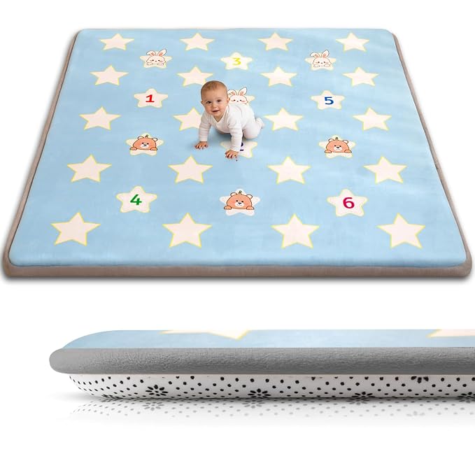 Baby Play Mat for Floor, 71'' x 59'' Thicken Foam Soft Padded Playmat for Tummy Time, Playpen Mat for Toddlers Infant Kids, Water-Repellent Coral Velvet, Non-Slip Bottom Safe for Crawling (Star)