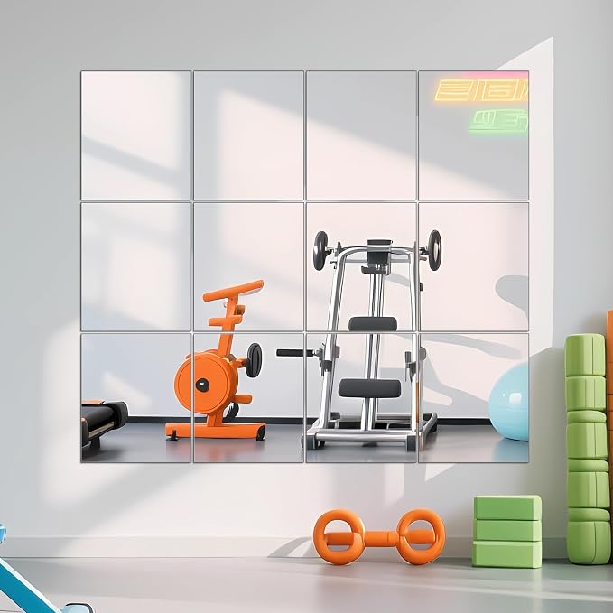 Ruomeng Gym Mirror Tiles - 14" x 12" x 12Pcs Wall Mounted Mirror Glass Frameless Full Length Mirror Tiles for Home Gym, Bedroom, Door & Bathroom