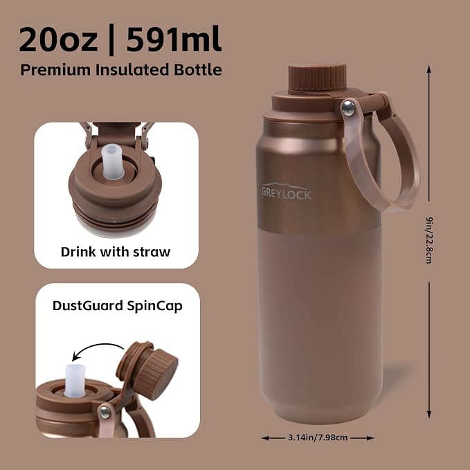 Greylock 20 oz Insulated Water Bottle with Straw Lid, Reusable Stainless Steel Sports Water Bottles with Foldable Handle, Leak Proof, Double-Wall Vacuum Insulation, 24 Hours Cold (Sunset Bronze)