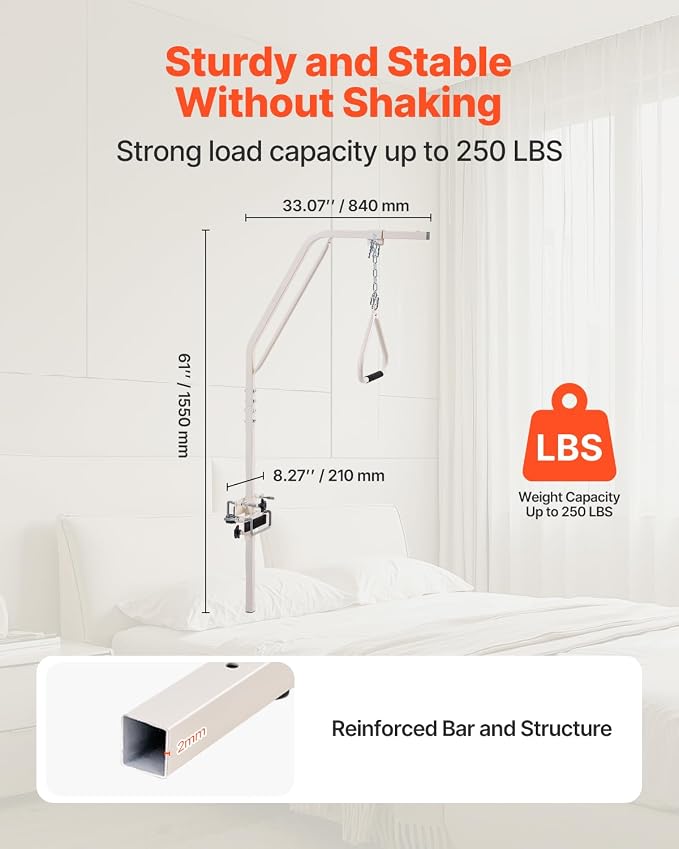 VEVOR Trapeze Bar for Bed Mobility, Medical Bed Trapeze with Clamps & Metal Chain, 250LBS Weight Capacity Beds Pull Up Assist for Elderly & Disabled, Ideal for Home Care, Hospitals, Nursing Homes
