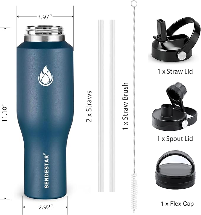 SENDESTAR 40oz Stainless Steel Water Bottle(Cold for 48 Hrs, Hot for 24 Hrs),Double Wall Vacuum Insulated Bottle with Straw Lid, Spout Lid and Flex Cap, Fit in Any Car Cup Holder，Navy