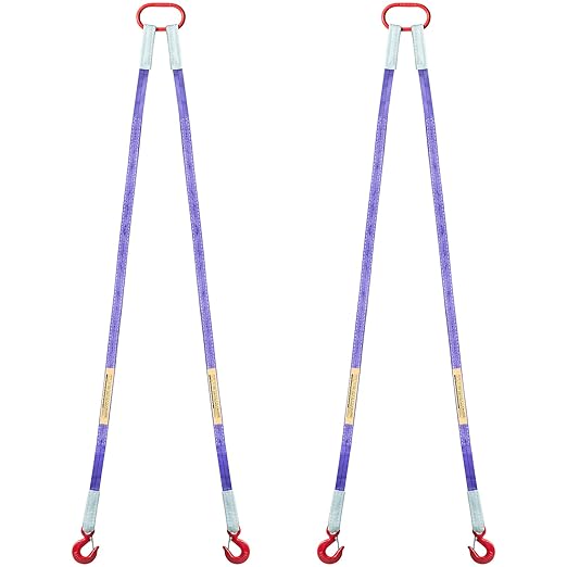 Purple 2-Leg Polyester Web Bridle Sling Assembly, 2-Pack, 5 ft x 1 in Lifting Sling with Hooks & Master Link, Tagged WLL 2200 lb Vertical / 1760 Choker / 4400 Basket