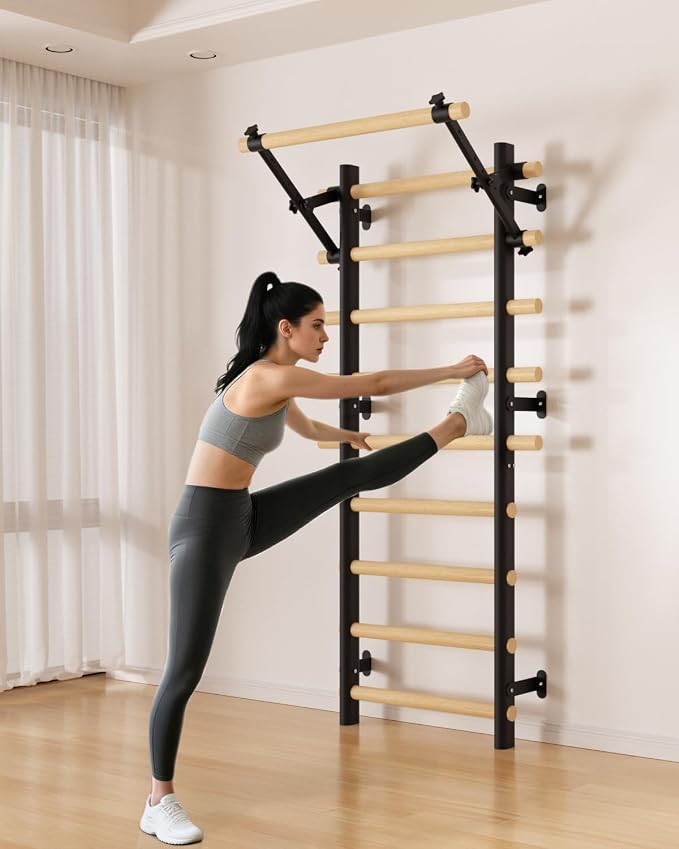 Swedish Ladder Wall Gym, Wooden Wall-Mounted Stall Bars with Pull-up Bar & Exercise Straps & Dip Bars, Stretching Ladder Full Body Home Gym Adults New