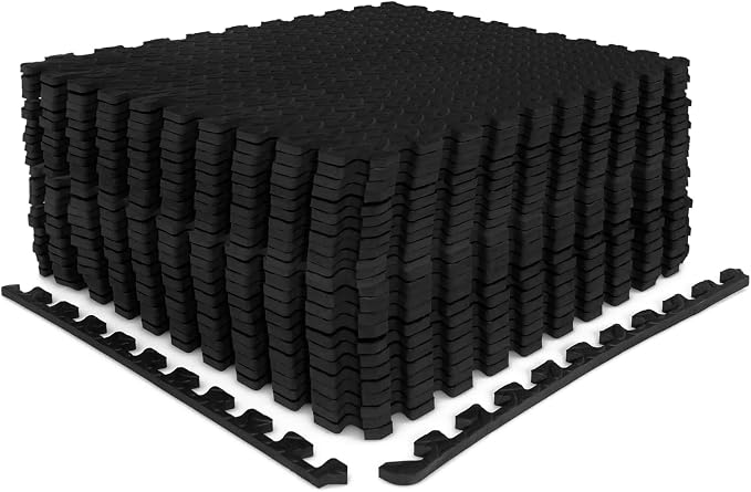 Tangkula 24 Tiles Exercise Flooring With Border, Non-Slip EVA Foam Protective Mats, Elastic Puzzle Play, 1/2" Interlocking Floor for Home Gym, Fitness Room, Workshop Equipment (Black)