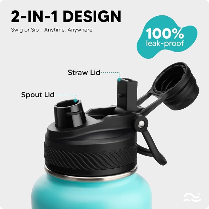 Swigina [2-IN-1 LID] Insulated Water Bottle with Silicone Boot (36hrs Cold/18hrs Hot) - DIY Stickers, Leakproof, BPA Free, 32 oz