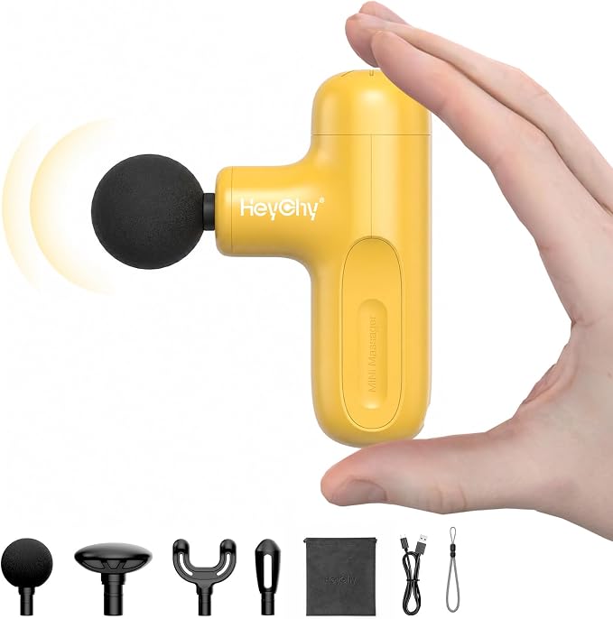 HEYCHY Super Mini Massage Gun Deep Tissue, Handheld Muscle Massager with 4 Heads, Percussion Travel Size Massager Gun FSA Eligible for Men Women Back Relief, Quiet for Home, Gym, Office, HSA, Yellow