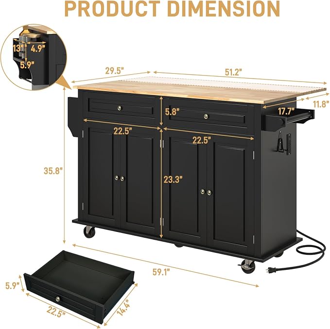 Hlivelood 59.1" Movable Kitchen Island with Drop Leaf and Power Outlet, Rolling Island Cart w/Storage Cabinet, Island Table on Wheels for Kitchen w/2 Drawers, Spice Rack, Towel Bar, Garage Hook, Black