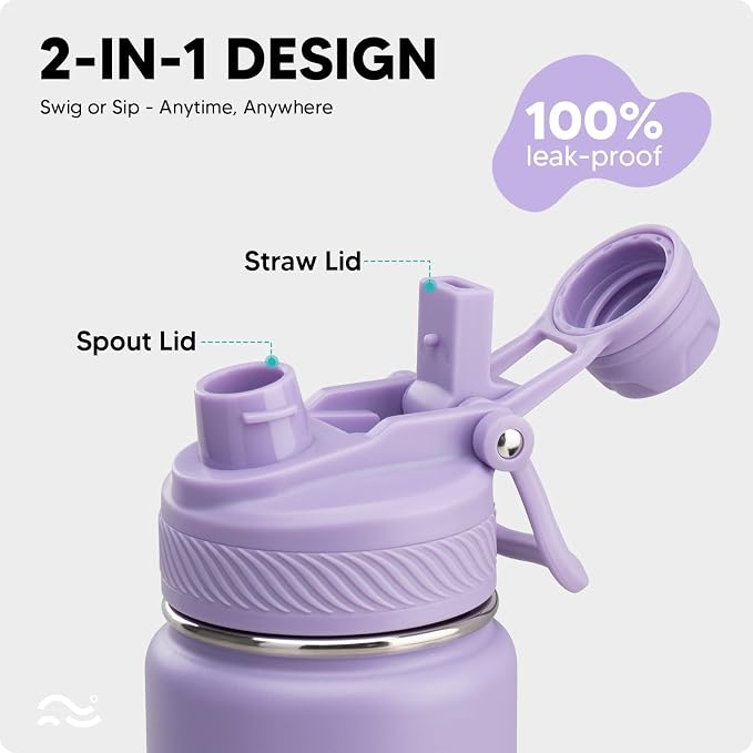 Swigina [2-IN-1 LID] Insulated Water Bottle with Silicone Boot (36hrs Cold/18hrs Hot) - DIY Stickers, Leakproof, BPA Free, 24 oz