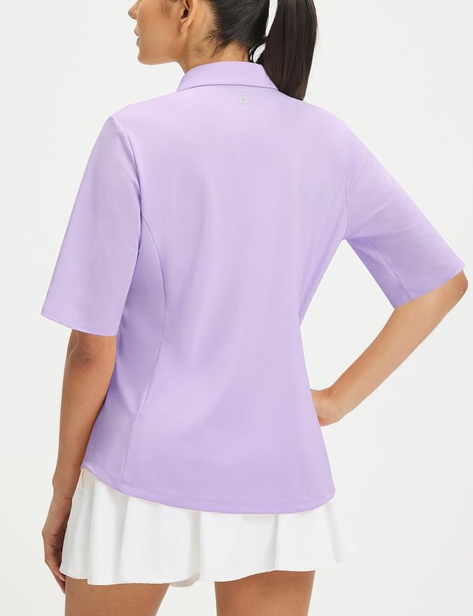 baleaf Womens Golf Shirts Half Sleeve Elbow Length Polo Tops | Stretch, Sun Protection UPF 50+, Quick Dry, Breathable, Moisture Wicking, Quarter Zip V Neck, Ideal for Golf Work Casual