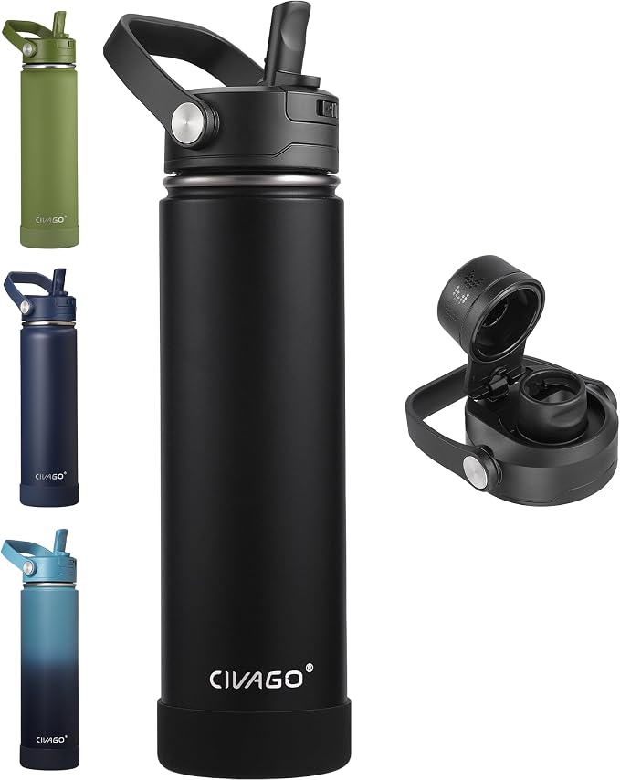 CIVAGO 24 oz Insulated Stainless Steel Water Bottle with Removable Straw | Large Leakproof Metal Water Jug, Sports Thermal Flask Cup with Bucket Handle, Silicone Boot, Dishwasher Safe, BPA-Free, Black