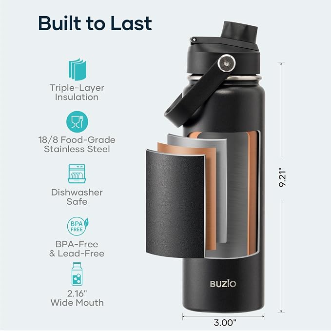 BUZIO 24 oz Insulated Stainless Steel Water Bottle with Straw & Spout Lids | Triple Wall Insulated Tumbler (Dishwasher Safe) ,Cold for 48 Hrs, Wide Mouth, Leakproof, BPA-free, for Sports, Gym, School