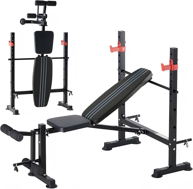 DUMOS Adjustable Weight Bench Set with Rack, 650LBS Foldable Bench Press | Easy Assembly Workout Set with Leg Extension Curl, for Indoor Exercise Home Gym