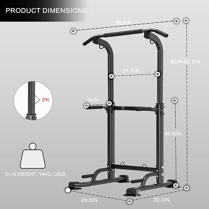 Power Tower Pull Up Dip Station Adjustable Height 330lbs Home | Space-Saving Design,Easy to Assemble,Pull-Ups,Dips,Push-Ups,Strength Training,Improving Posture,Fits Users Under 6 FT
