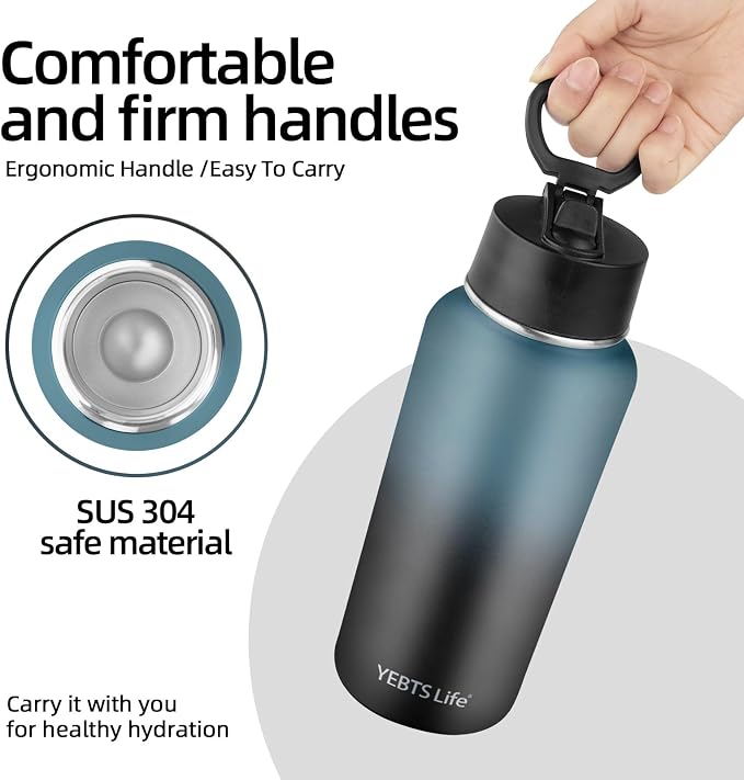 Insulated Water Bottle With Straw,32 oz Vacuum Insulated Stainless Steel Sports Water Flask,Keeps Cold and Hot,Metal Water Bottle Wide Mouth for Gym Travel Camping (Blue & Black)