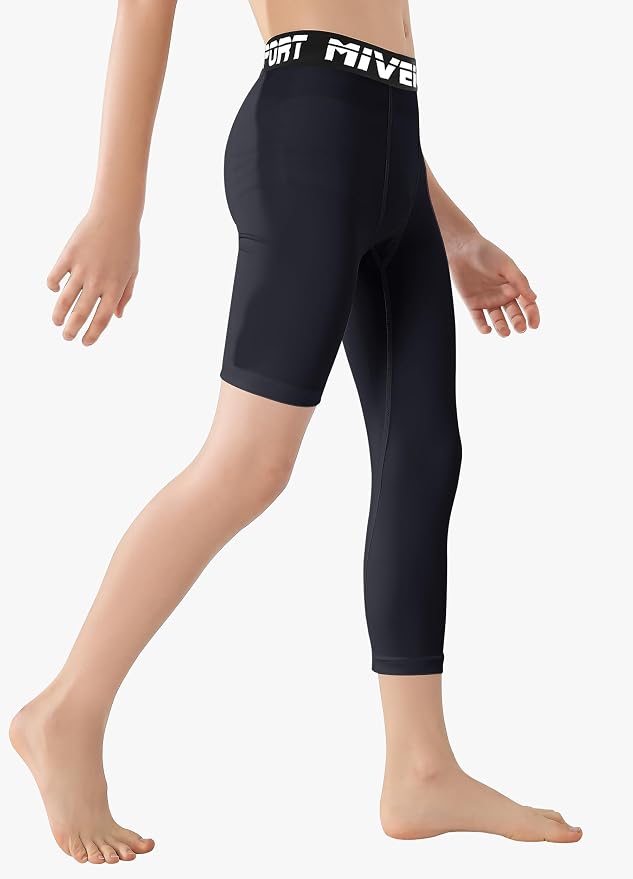 MIVEI One Leg Compression Tights Youth Boys Basketball Leg Sleeve | Kids Compression Pants Girls' Single Leg Tights 3/4 Leggings for Baseball Softball Soccer Running Football, Sports Base Layer