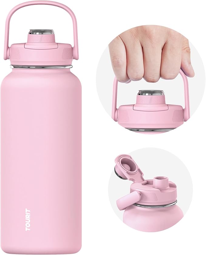 TOURIT 24 oz Insulated Stainless Steel Water Bottle, Pink | Double-wall vacuum thermal flask with top handle, leakproof & BPA-free design for sports, gym, hiking & travel use