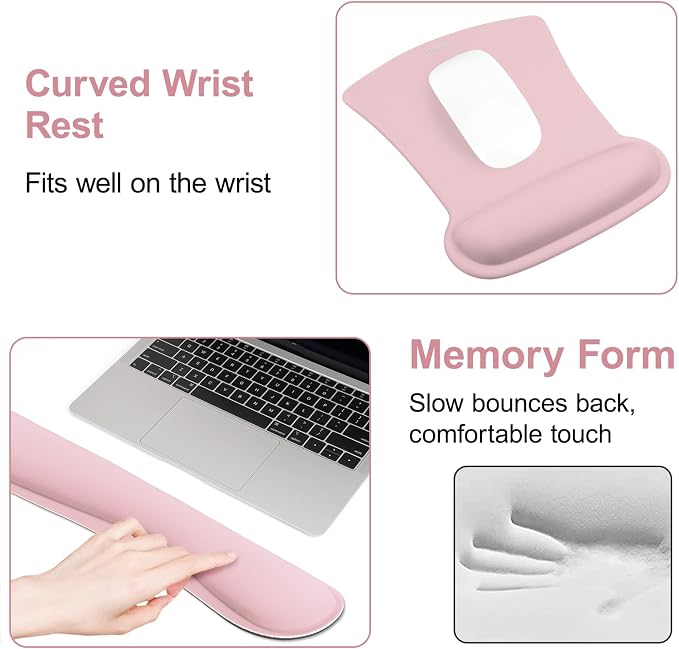MOSISO Wrist Rest Support for Mouse Pad & Keyboard Set, Ergonomic Mousepad Non-Slip Base Home/Office Pain Relief & Easy Typing Cushion with Neoprene Cloth & Raised Memory Foam, Pink
