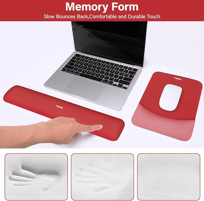 MOSISO Wrist Rest Support Mouse Pad & Keyboard Set, Red | Rectangular Ergonomic Mousepad, Non-Slip Base, Home/Office Pain Relief & Easy Typing, Neoprene Cloth & Raised Silicone Lining