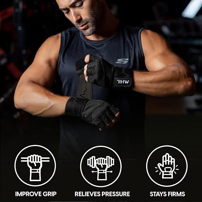 MhIL Workout Gloves for Men – Comfortable Gym Gloves for Men with Enhanced Grip for Safety and Hand Protection – Weight Lifting Protection with Wrist Wraps Support for Performance Boost and Style