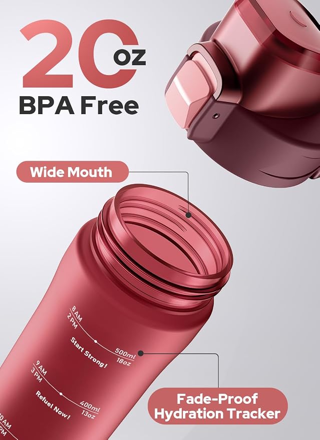 Opard Zip 20oz Plastic Water Bottle Dishwasher Safe, Leakproof Flip-Top Lid, BPA Free Tritan, Wide Mouth Reusable Kids Water Bottle for School Hiking Commuting Outdoor Travel and Gym