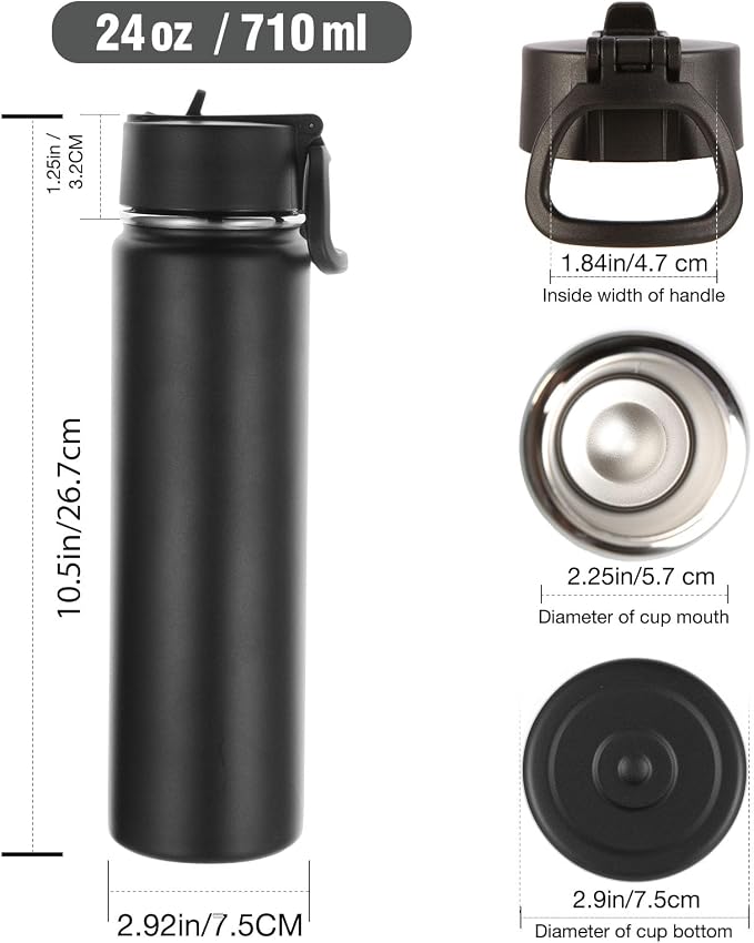 Volhoply 24oz Insulated Water Bottle With Straw Bulk 3 Pack,Metal Wide Mouth Water Bottles With Handle Lid Keep Cold,Reusable Double Wall Cups,Powder Coated Sport Bottle For Holder(Mix,3 Count)