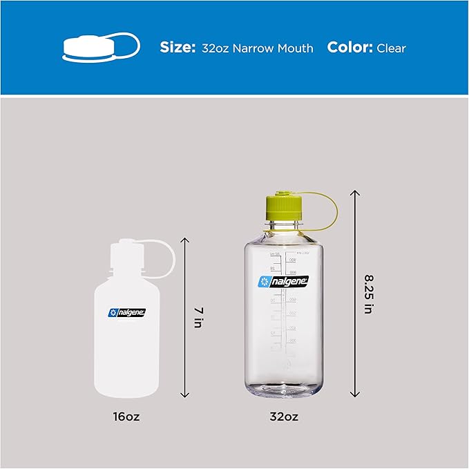 Nalgene 32 oz Narrow Mouth Water Bottle, Clear | BPA-Free, Durable & Lightweight, Leak Proof, Dishwasher Safe, Large Reusable Plastic Bottle for Hiking, Gym, Work & Travel