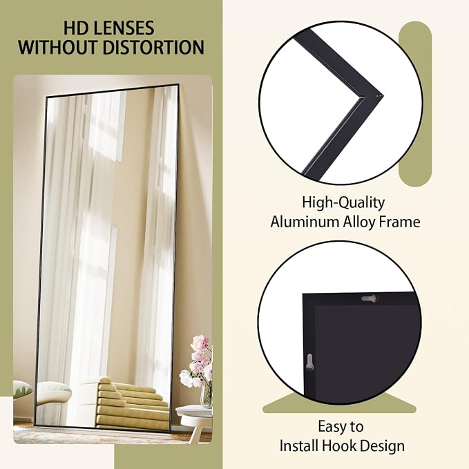 BEAUTYPEAK Full Length Mirror, 71"x26" Standing Hanging or Leaning Against Wall Floor Mirrors Body Dressing Wall-Mounted for Living Room, Bedroom with Aluminum Alloy Thin Frame, Black | Standing Hanging or Leaning Against Wall Body Dressing Wall-Mounte...