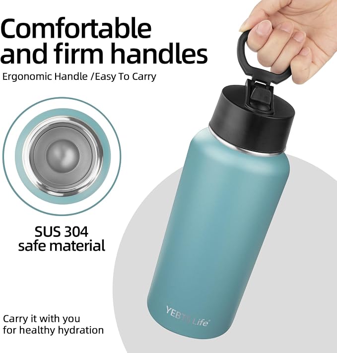 Insulated Water Bottle With Straw,32 oz Vacuum Insulated Stainless Steel Sports Water Flask,Keeps Cold and Hot,Metal Water Bottle Wide Mouth for Gym Travel Camping (Mayan blue)