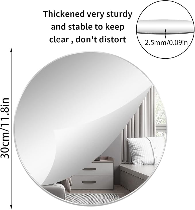 12'' Round Wall Mirror Tiles Self Adhesive Circle Mirror for Wall | High Clear Acrylic Mirror with Adhesive Tapes, Decorative Mirror for Wall, Bathroom, Bedroom, Door, Deocr