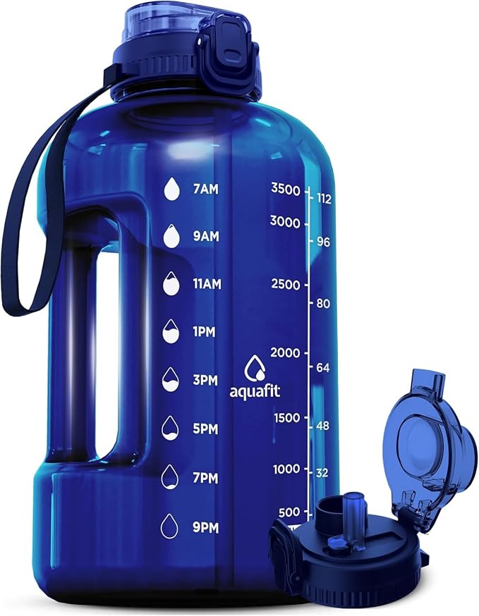 AQUAFIT 1 Gallon Water Bottle with Time Marker, 2in1 Lid | BPA Free 128 oz Water Bottle with 2in1 Straw and Chug Lid - Leakproof Gym Water Bottle with Carry Handle (Blue)