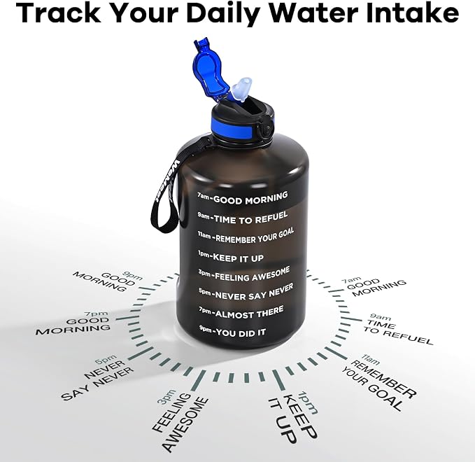 WEMEET 128oz Water Bottle with Time Marker, BPA Free, 1 Gallon Motivational Sports Water Bottle with Straw, for Sports, Outdoor Activities, Fitness Enthusiasts (Black)