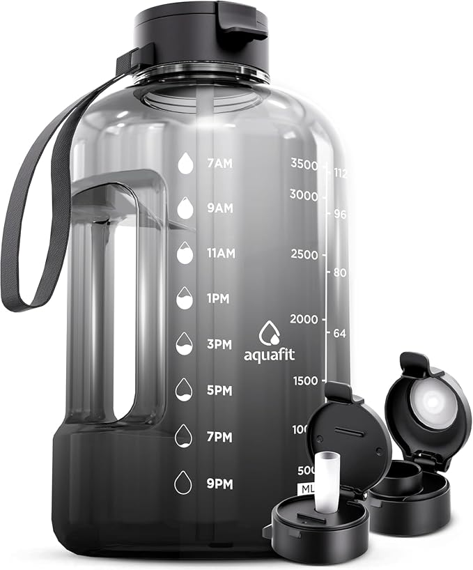 AQUAFIT 1 Gallon Water Bottle with Time Marker | BPA Free 128 oz Water Bottle with Straw and Chug Lids - Leakproof Gym Water Bottle with Carry Handle (Midnight Gray)