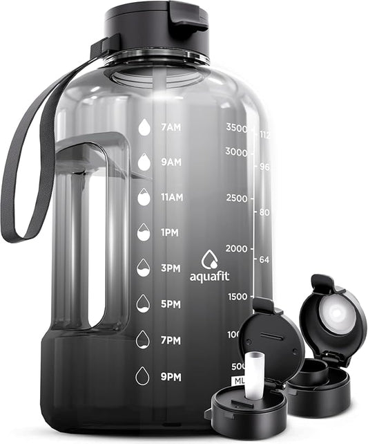 AQUAFIT 1 Gallon Water Bottle with Time Marker | BPA Free 128 oz Water Bottle with Straw and Chug Lids - Leakproof Gym Water Bottle with Carry Handle (Midnight Gray)
