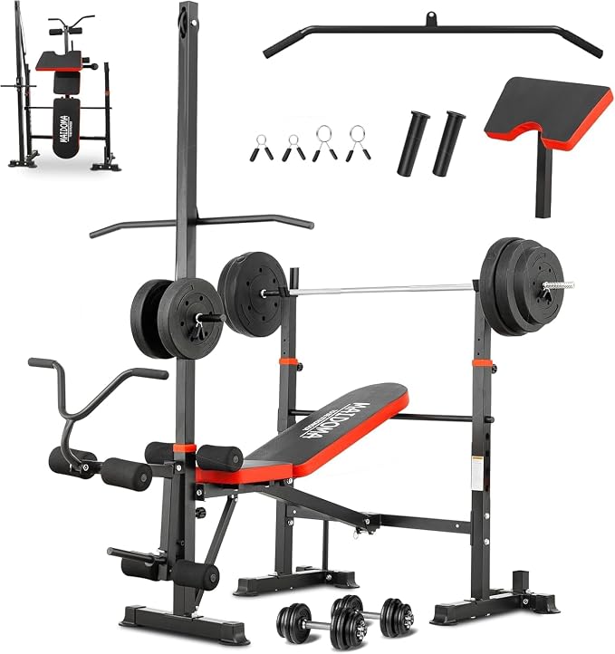MAIDOMA 1500LBS Foldable 8 IN 1 Weight Bench with Upgraded Leg Extension | Adjustable Flat Incline Decline Bench Press Set with Wide Squat Rack for Full Body Home Gym Workout (US Stock)