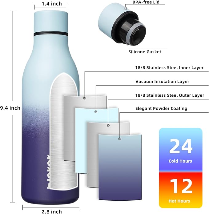 BJPKPK 18oz Insulated Water Bottle, Stainless Steel Bottle with Carry Strap | Keep Cold & Hot Vacuum Insulation, Leak-Proof BPA-Free Design, Slim Bottle Fits Most Cup Holders for Gym, Office & Travel