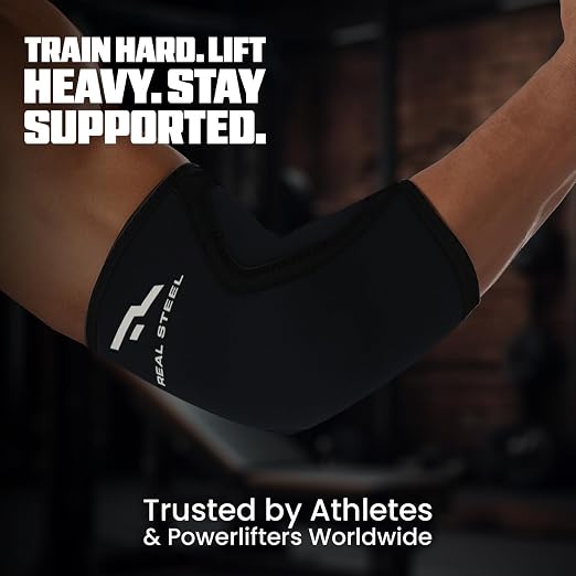 Real Steel Neoprene Elbow Sleeve (1 Pair) - 5mm Compression Support for Weightlifting, Bench, Powerlifting - Elbow Compression Sleeve for Men & Women - Premium Lifting Support for Elbows - X-Large