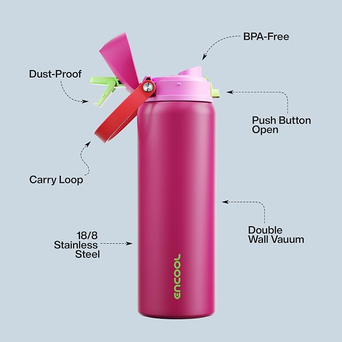 Insulated Water Bottle with Straw - Encool Stainless Steel Water Bottle with Push Button Lid, Leak-Proof & BPA-Free, Keeps Cold for 24 Hours for Sports, Travel, Gym (32 oz, Cerise Pink)
