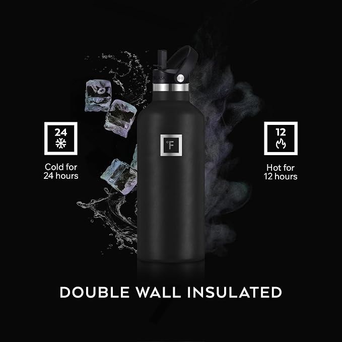 IRON °FLASK Camping & Hiking Hydration Flask with Straw, BPA-Free Insulated Stainless Steel Sports Water Bottle - 24 oz Midnight Black (Pack of 2)