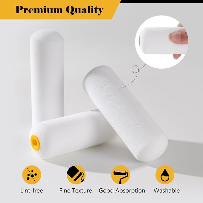 Mister Rui Mini Foam Paint Rollers, 4 Inch Paint Rollers 10 Pack | High Density Small Paint Roller Refills 4 Inch, High Absorption Sponge Paint Roller for Painting Wall, Trim, Touch-ups, Doors