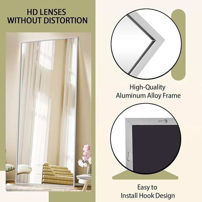 BEAUTYPEAK Full Length Mirror with Stand, 56"x21" Floor Mirror, Silver | ShatterVue Tempered Full Body Mirrors with Aluminum Alloy Thin Frame, Standing or Wall-Mounted Mirrors for Living Room