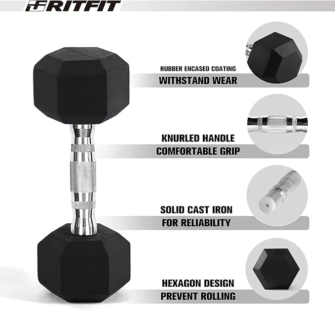 RitFit Rubber Hex Dumbbell Set with Storage Weight Rack | Rubber Heavy-Duty Coated Cast Iron, Knurled Chrome Handle, Space-Saving Storage for Home Gym Strength Training