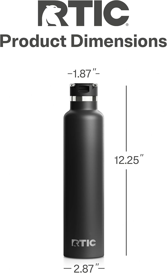 RTIC 26oz Journey Water Bottle, Ceramic Lined, Black | Stainless Steel Metal, Insulated for Hot and Cold Drinks, Sports, Travel and Camping