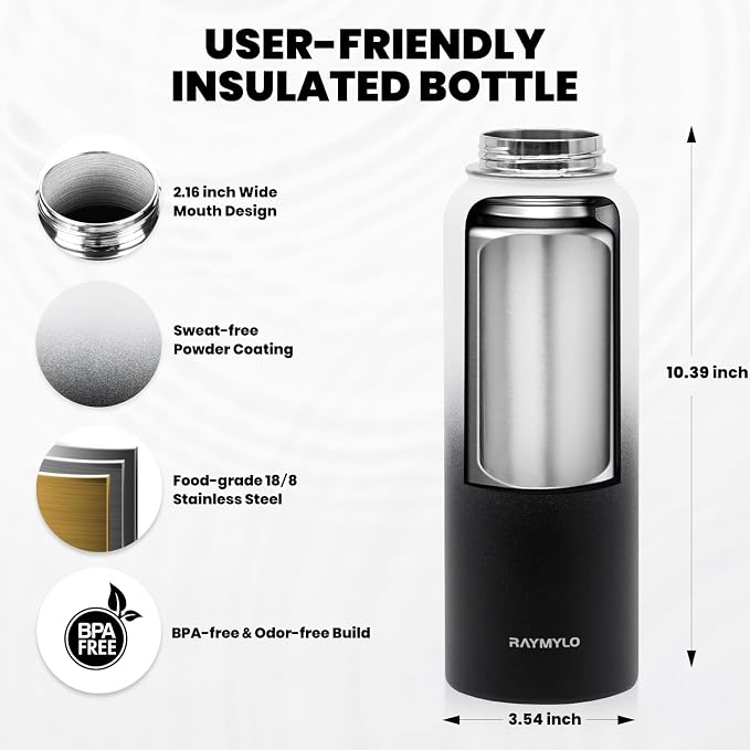 RAYMYLO Insulated Water Bottle 40 oz, Triple Wall Vacuum Stainless Steel | (Cold for 36Hrs, Hot for 18Hrs), Leak Proof & Non-BPA, Modern Water Flask Jug with Paracord Handle & Straw Spout Lids