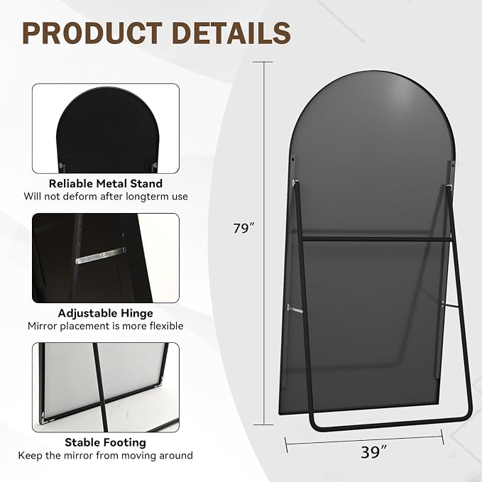 LFT HUIMEI2Y 79"x39" Arch Full Length Mirror, Black Floor Mirror | Tempered Oversized Mirror Full Body with Aluminum Alloy Frame; Standing, Leaning, or Wall Mount for Bedroom, Living Room