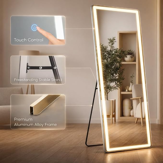 Full Length Mirror with Lights, 71" x 26" LED Floor Mirrors, Full Body Dressing Standing Mirrors with Dimming & 3 Color Lighting, Hanging Mounted Mirror for Living Room Bedroom Cloakroom