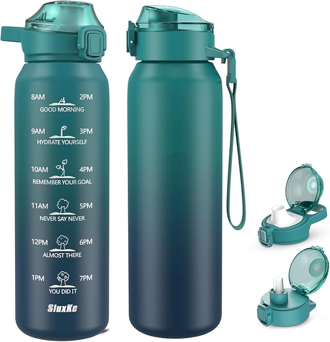 SLUXKE 32oz Insulated Water Bottle with 2Lids(Straw Lid & Spout Lid), 1000ml Stainless Steel Water Bottle Double Walled Leakproof, Reusable Metal Bottle Keep Cold & Hot for Men, Women BLUE BLUE